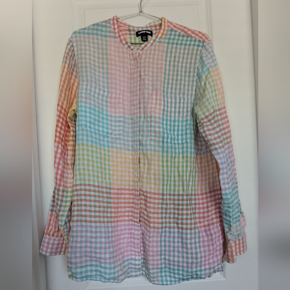 Lands' End Pastel Gingham 100% Linen Button Down Long Sleeve Size Large